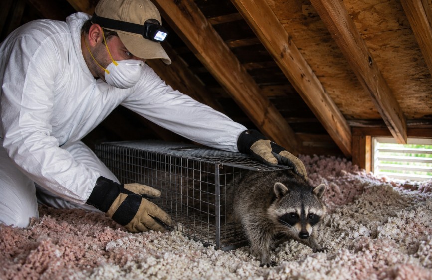 Humane raccoon removal from a residential attic by a rodent control technician.