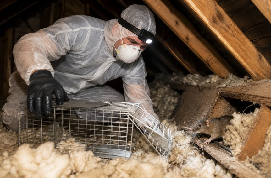 Technician removing a rat from an attic with a live trap