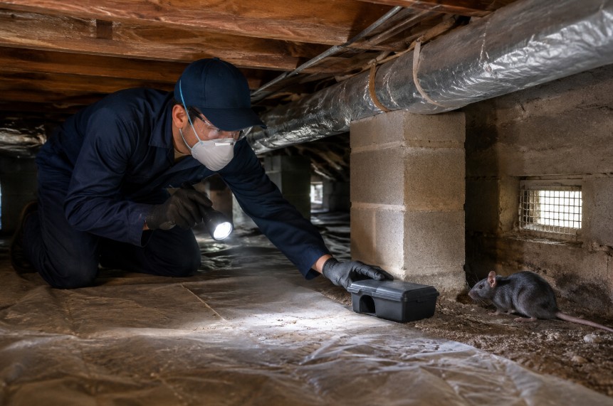 Technician performing crawl space rodent control in a Sacramento home with a rat near a bait station