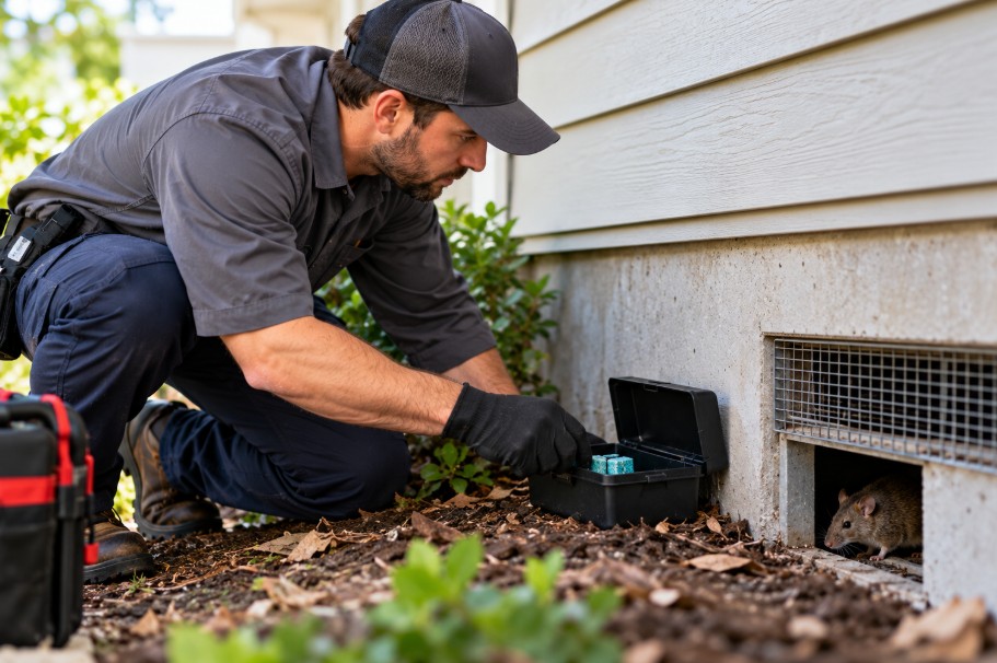 rodent control technician placing a rodent bait station near a home foundation in Sacramento.